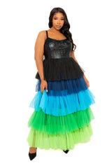 Buxom Couture Curvy Women Plus Size Colorful Tiered Tulle Dress Blue Multi