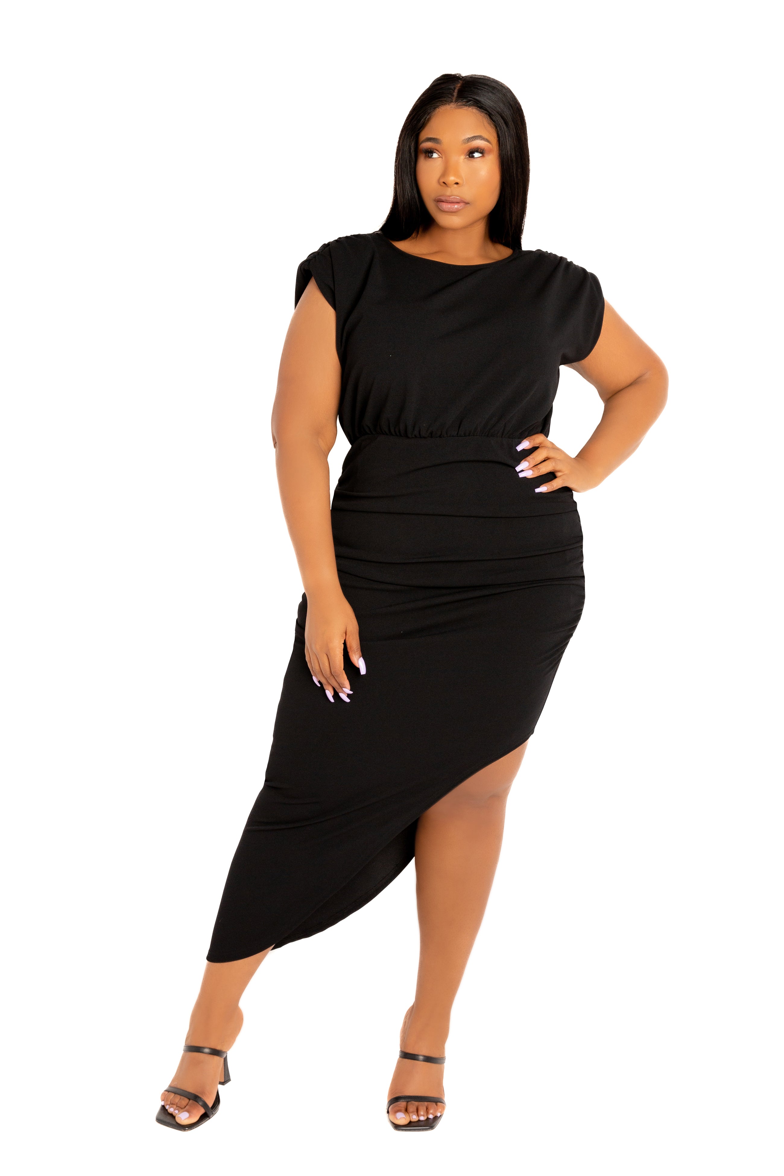 Buxom Couture Plus Size Sleeveless Asymmetrical Ruched Dress - Black Buxom Couture Plus Size Sleeveless Asymmetrical Ruched Dress - Black