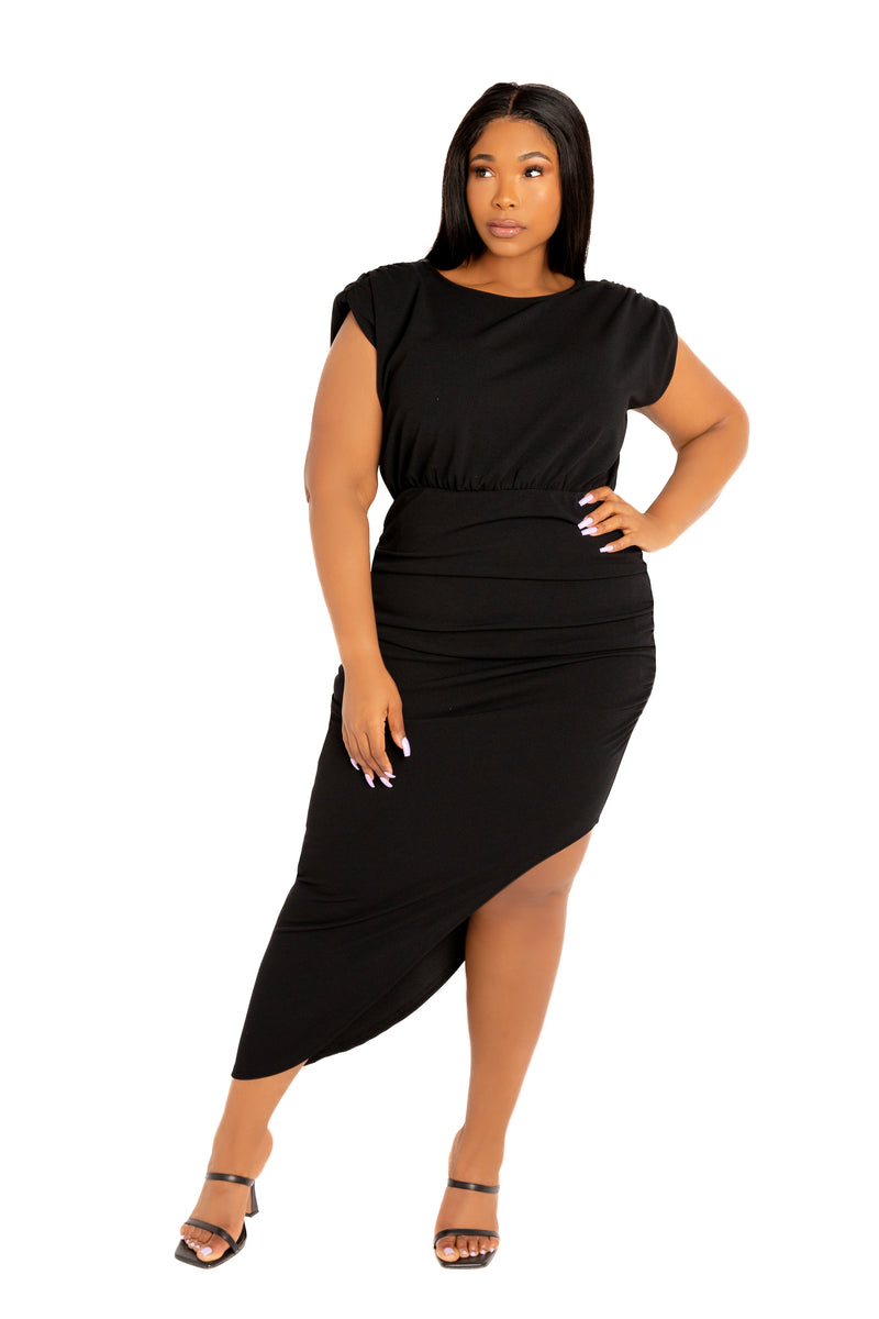 Sleeveless Asymmetrical Ruched Dress – Buxom Couture