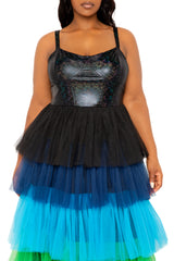 Buxom Couture Curvy Women Plus Size Colorful Tiered Tulle Dress Blue Multi