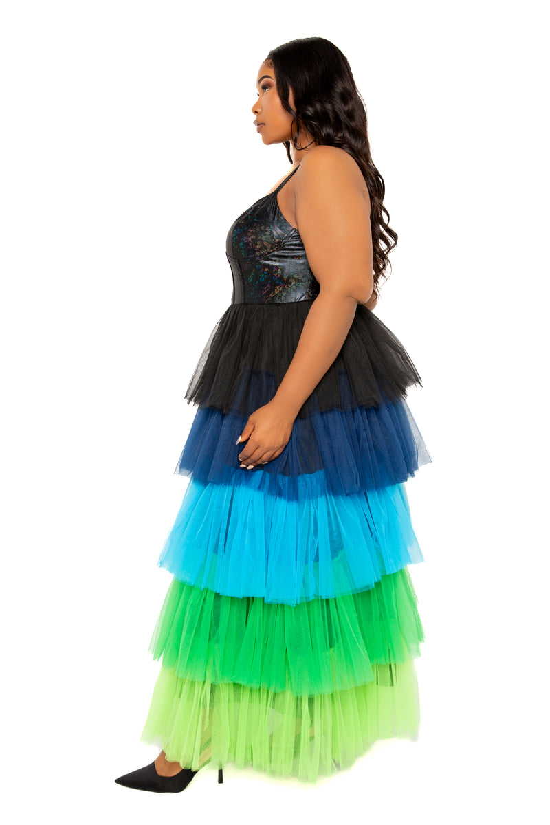Buxom Couture Curvy Women Plus Size Colorful Tiered Tulle Dress Blue Multi