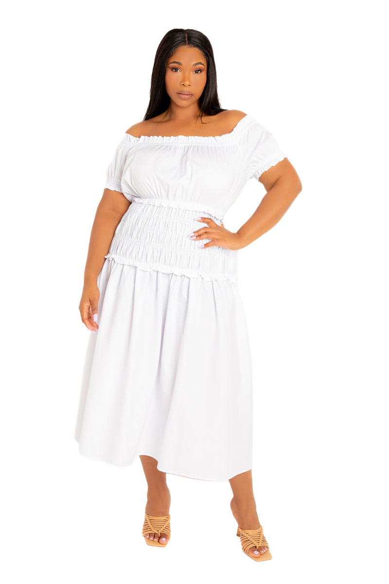 Off Shoulder Smocked Midi Dress