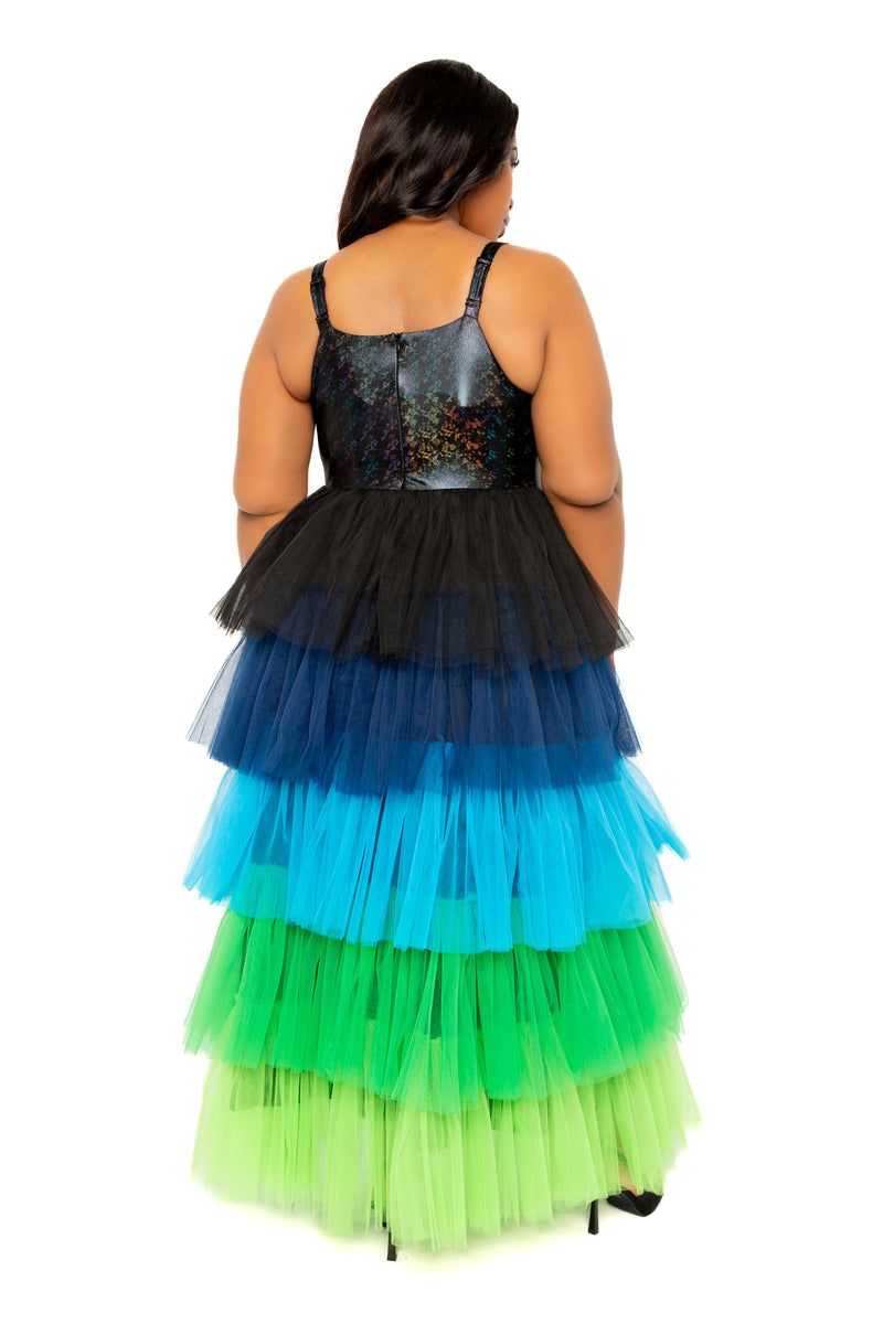 Buxom Couture Curvy Women Plus Size Colorful Tiered Tulle Dress Blue Multi