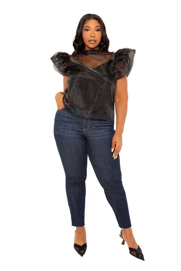 Buxom Couture Curvy Women Plus Size Puff Shoulder Organza Top Black