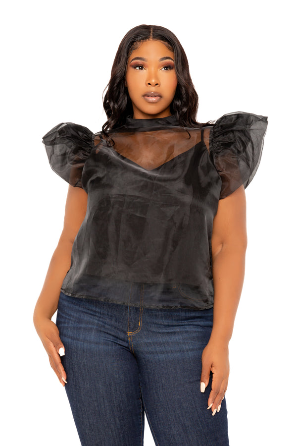 Buxom Couture Curvy Women Plus Size Puff Shoulder Organza Top Black