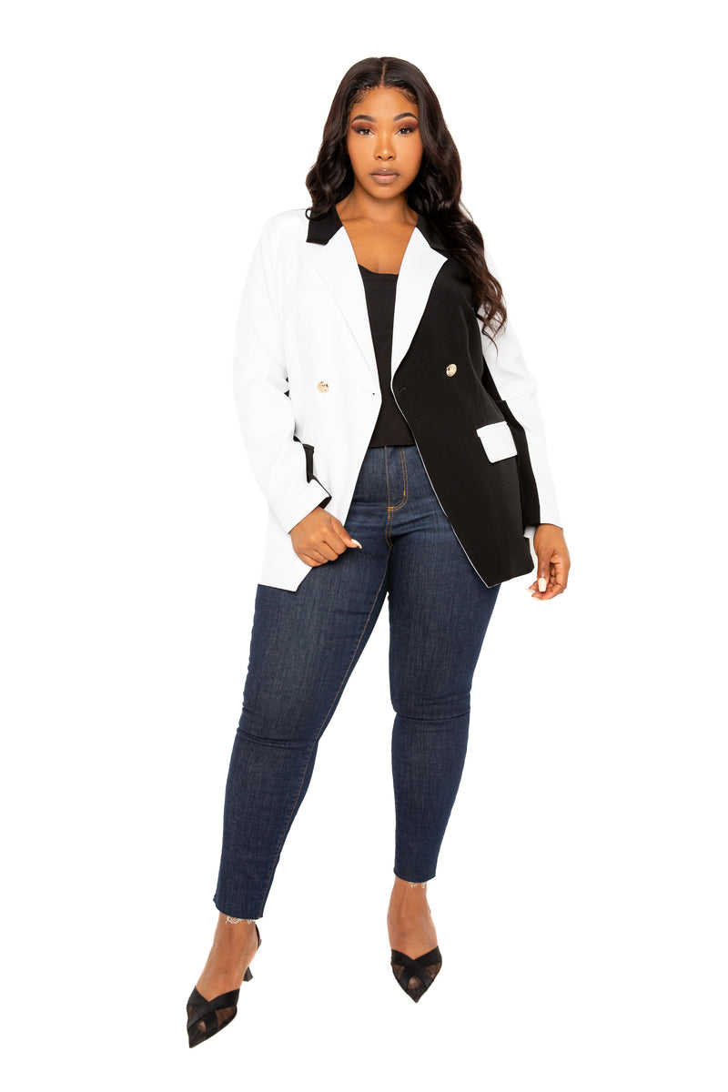 Buxom Couture Curvy Women Plus Size Contrast Double Breasted Blazer Black White