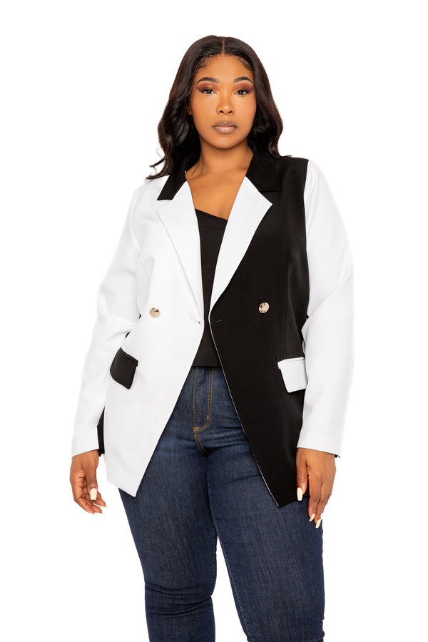 Buxom Couture Curvy Women Plus Size Contrast Double Breasted Blazer Black White