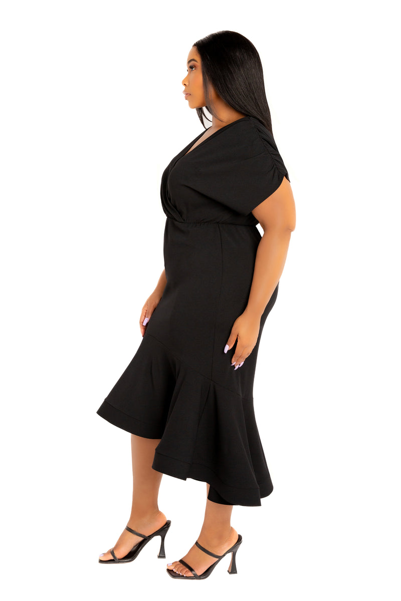 V-Neck Flounce Midi Dress