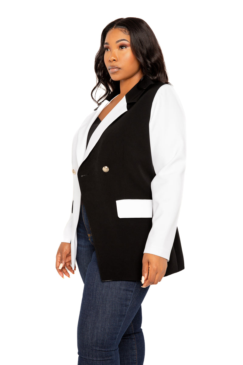 Buxom Couture Curvy Women Plus Size Contrast Double Breasted Blazer Black White