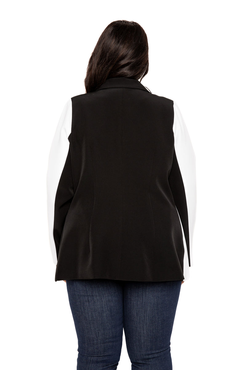 Buxom Couture Curvy Women Plus Size Contrast Double Breasted Blazer Black White