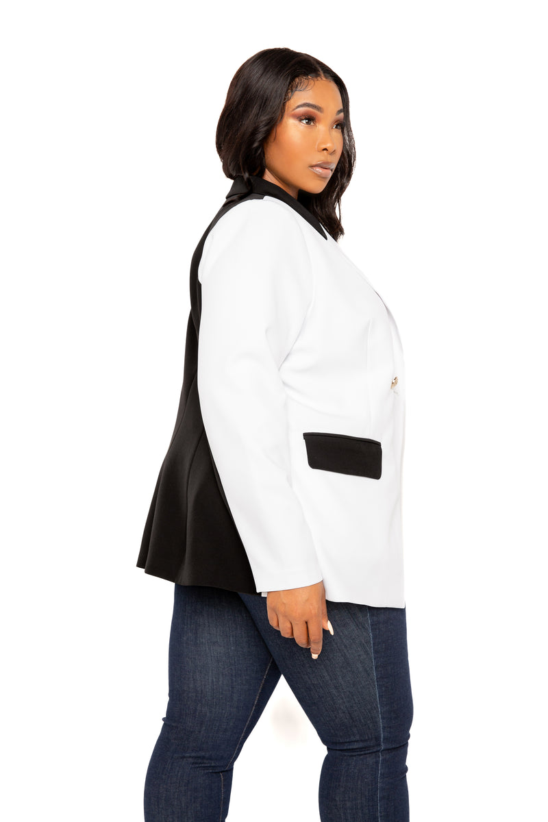 Buxom Couture Curvy Women Plus Size Contrast Double Breasted Blazer Black White