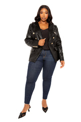 Buxom Couture Curvy Women Plus Size Faux Leather Double Breasted Blazer Black
