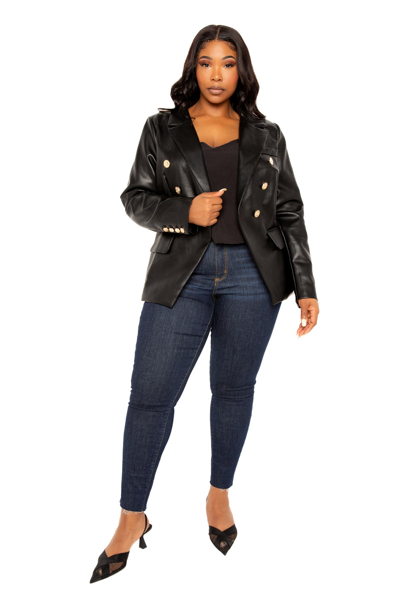 Buxom Couture Curvy Women Plus Size Faux Leather Double Breasted Blazer Black