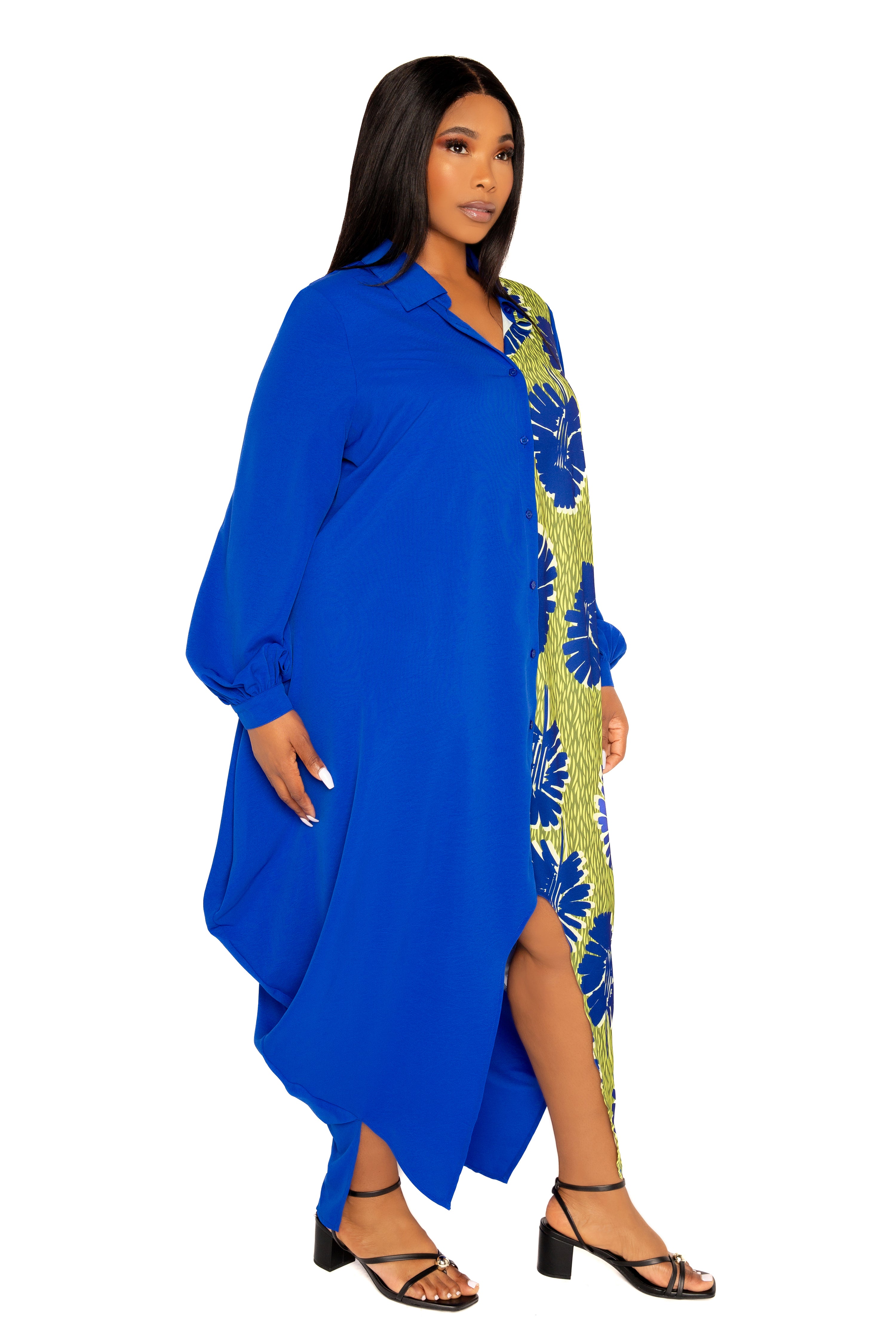 Buxom Couture Women's Plus Size Contrast Print Drapy Shirt Maxi Dress