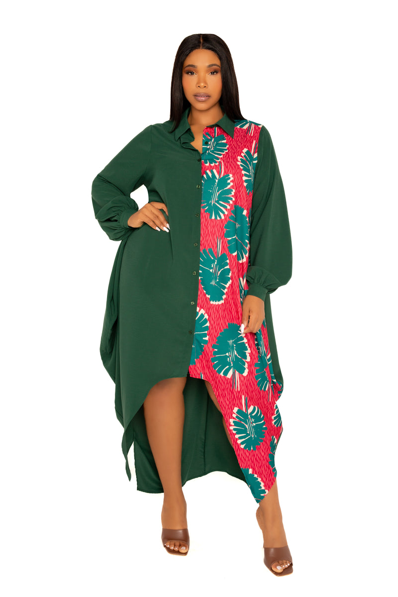 Buxom Couture Women's Plus Size Contrast Print Drapy Shirt Maxi Dress - Green Multi Buxom Couture Women's Plus Size Contrast Print Drapy Shirt Maxi Dress - Green Multi