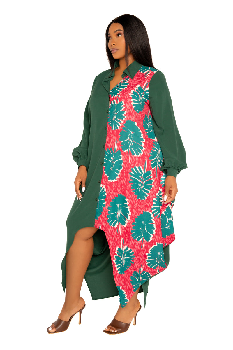 Buxom Couture Women's Plus Size Contrast Print Drapy Shirt Maxi Dress - Green Multi Buxom Couture Women's Plus Size Contrast Print Drapy Shirt Maxi Dress - Green Multi