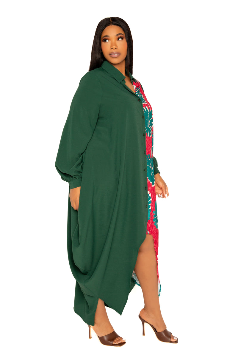 Buxom Couture Women's Plus Size Contrast Print Drapy Shirt Maxi Dress - Green Multi Buxom Couture Women's Plus Size Contrast Print Drapy Shirt Maxi Dress - Green Multi