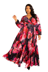 Buxom Couture Curvy Women Plus Size Floral Pleated Maxi Dress with Belt