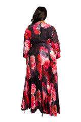 Buxom Couture Curvy Women Plus Size Floral Pleated Maxi Dress with Belt