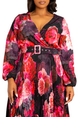 Buxom Couture Curvy Women Plus Size Floral Pleated Maxi Dress with Belt