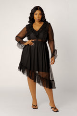 Asymmetrical Polka Dot Mesh Ruffle Dress