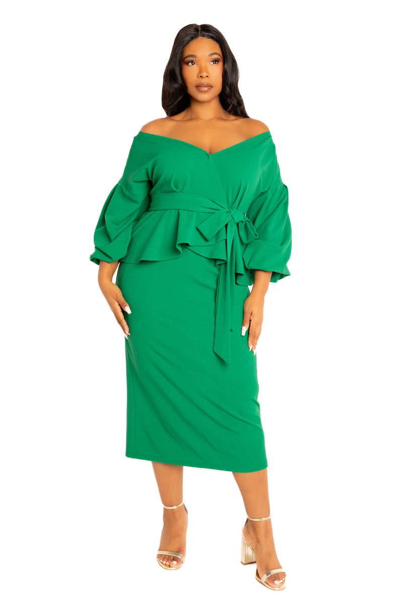 Buxom Couture Women's Plus Size Off Shoulder Peplum Midi Dress