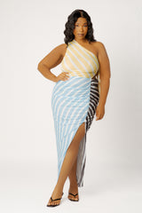 Multi Stripe One Shoulder Dress with Cutout Waist Detail