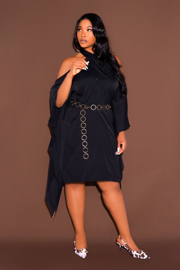 Cross Halter Neck Tunic Dress with Metal Belt