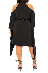 Cross Halter Neck Tunic Dress with Metal Belt