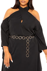 Cross Halter Neck Tunic Dress with Metal Belt