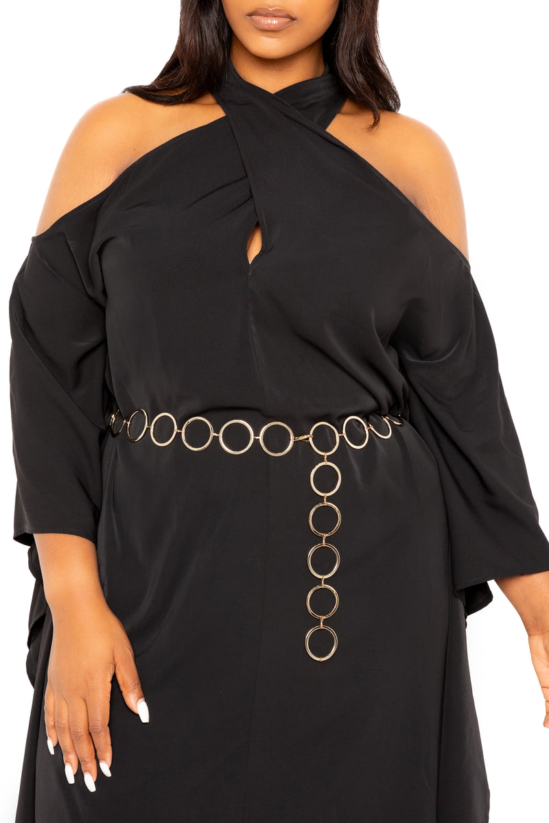 Cross Halter Neck Tunic Dress with Metal Belt