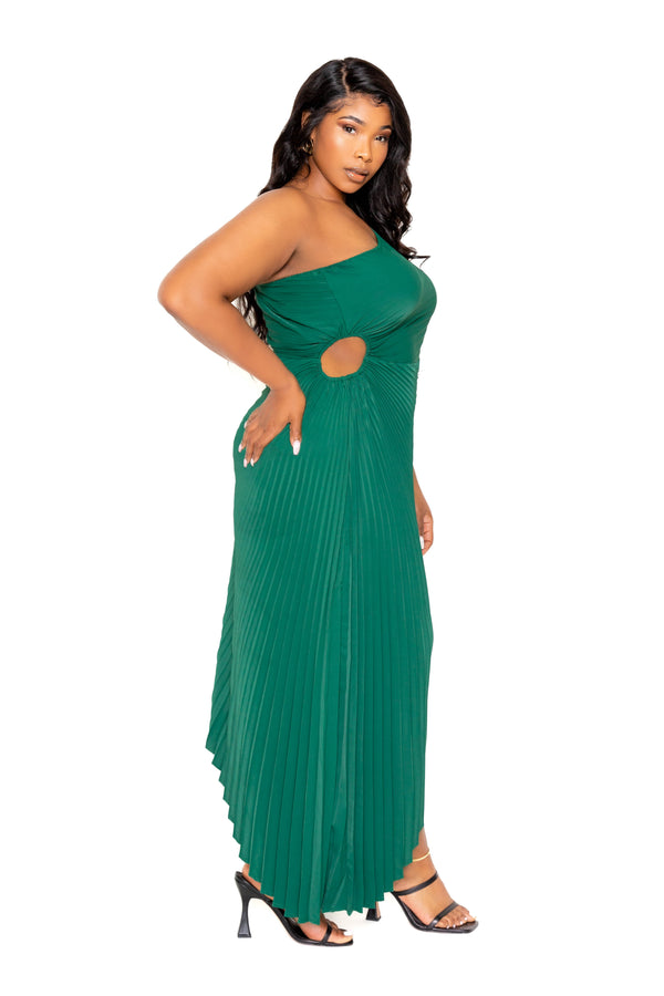 Buxom Couture Curvy Women Plus Size One Shoulder Pleated Dress with Cutout Detail Green