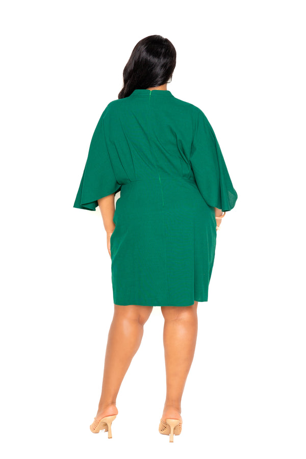 Buxom Couture Curvy Women Plus Size Linen Tie Waist Mini Dress Green