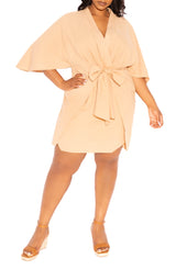 Buxom Couture Curvy Women Plus Size Linen Tie Waist Mini Dress Beige