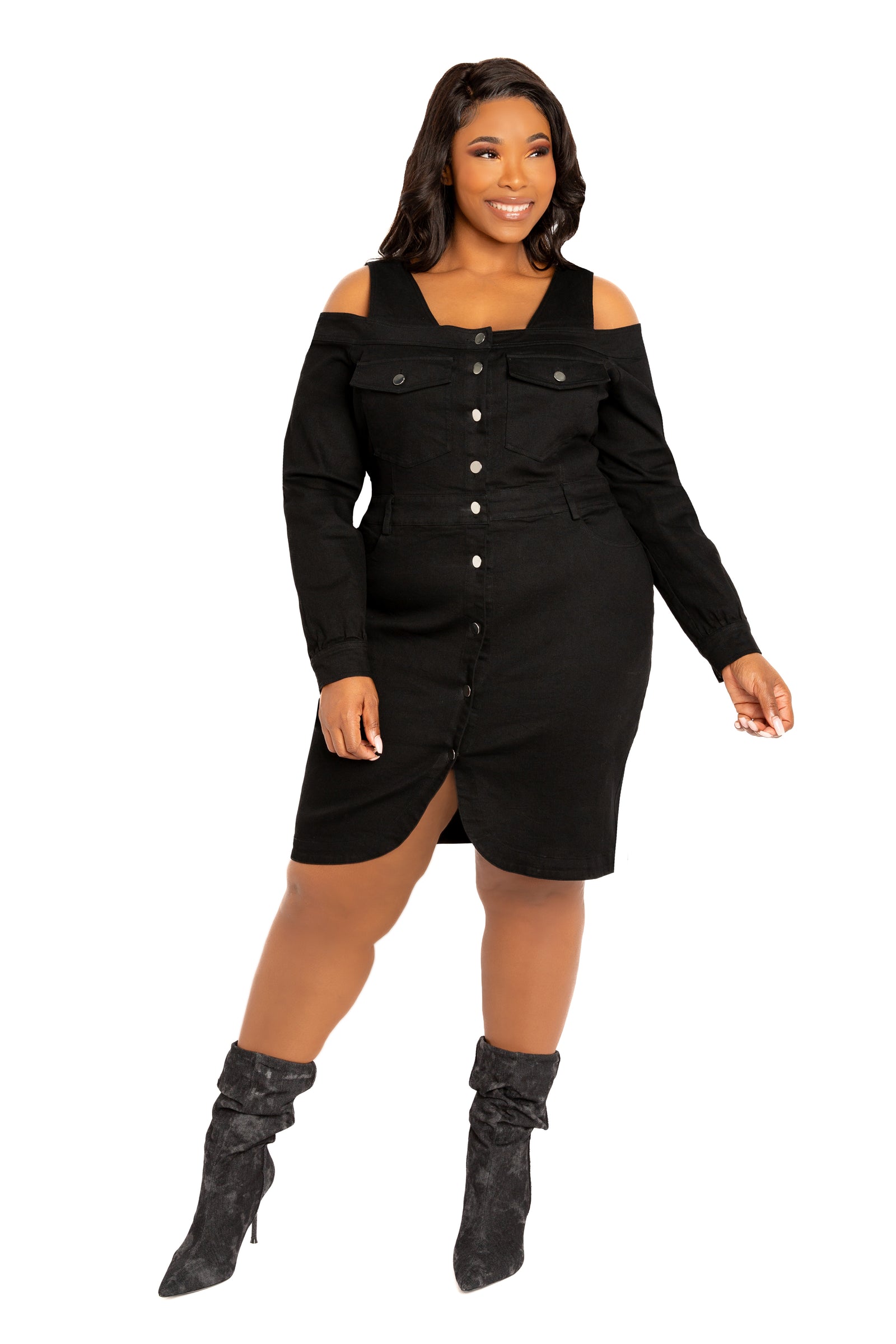 black denim dresses Buxom Couture Plus Size Off Shoulder Mini Dress VendorItem#:853321AACGW blend denim that shapes Color:Brown Red Black Mermaid Lace Wedding