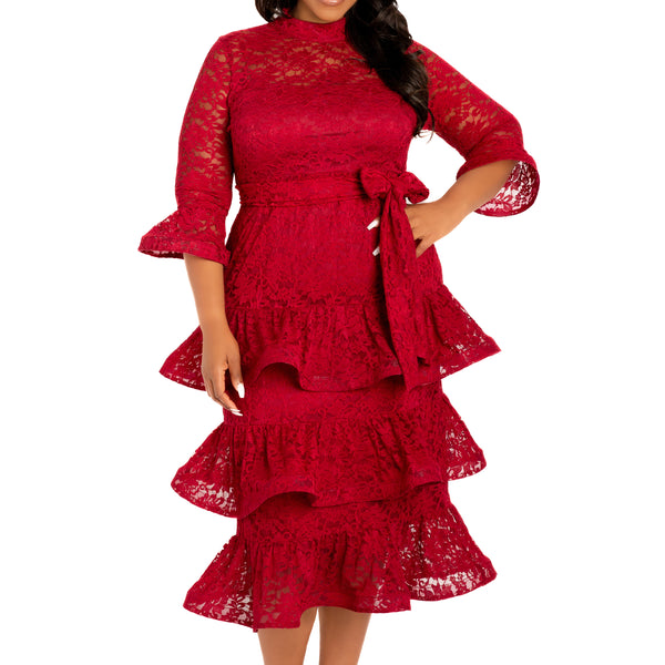 Buxom Couture Plus Size Lace Bell Sleeve Tiered Dress