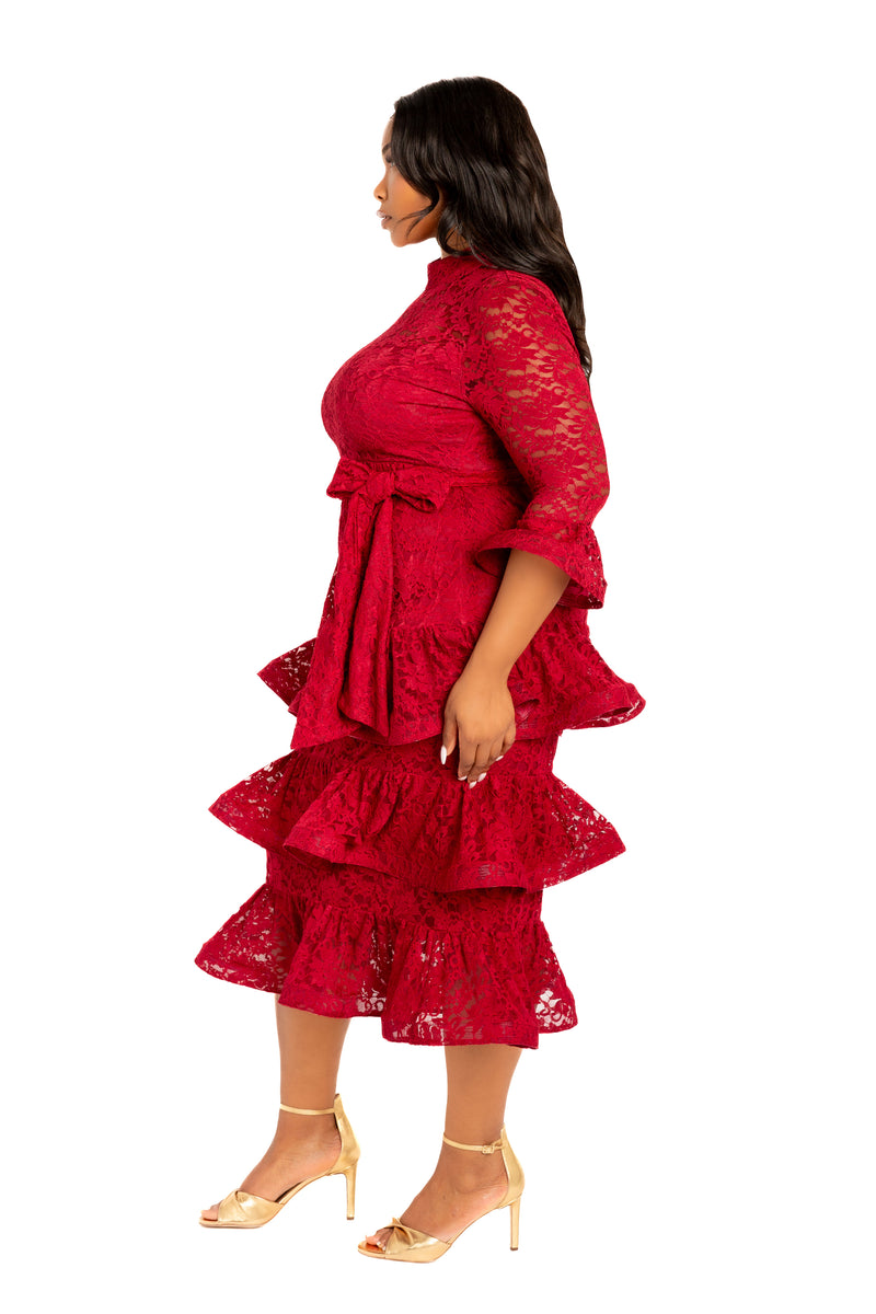 Buxom Couture Plus Size Lace Bell Sleeve Tiered Dress - Burgundy Buxom Couture Plus Size Lace Bell Sleeve Tiered Dress - Burgundy