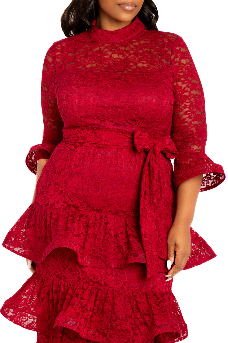 Buxom Couture Plus Size Lace Bell Sleeve Tiered Dress - Burgundy Buxom Couture Plus Size Lace Bell Sleeve Tiered Dress - Burgundy