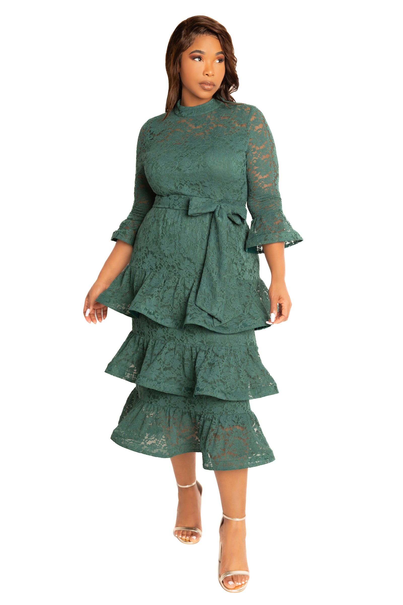 Buxom Couture Plus Size Lace Bell Sleeve Tiered Dress - Emerlad Buxom Couture Plus Size Lace Bell Sleeve Tiered Dress - Emerlad
