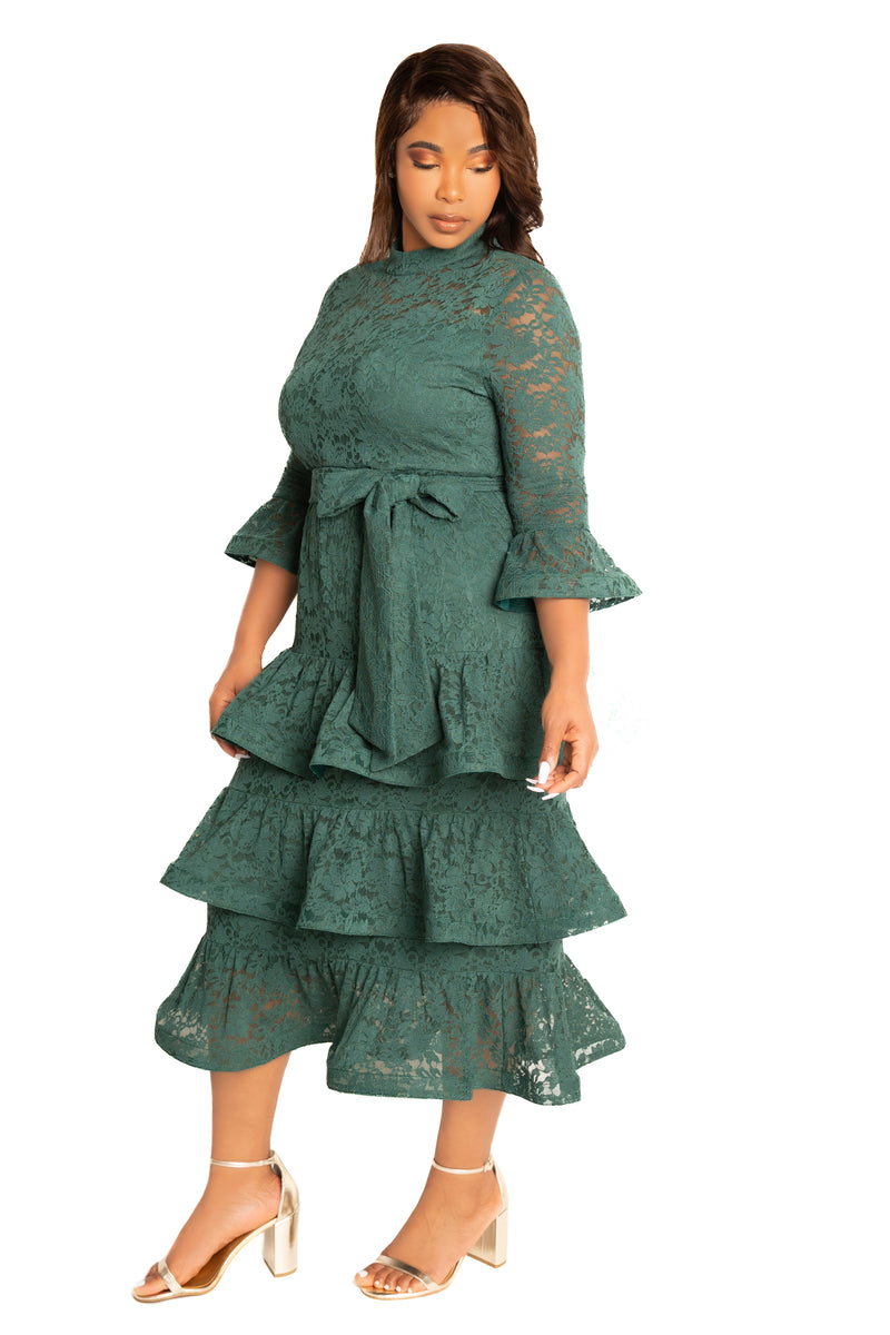 Buxom Couture Plus Size Lace Bell Sleeve Tiered Dress