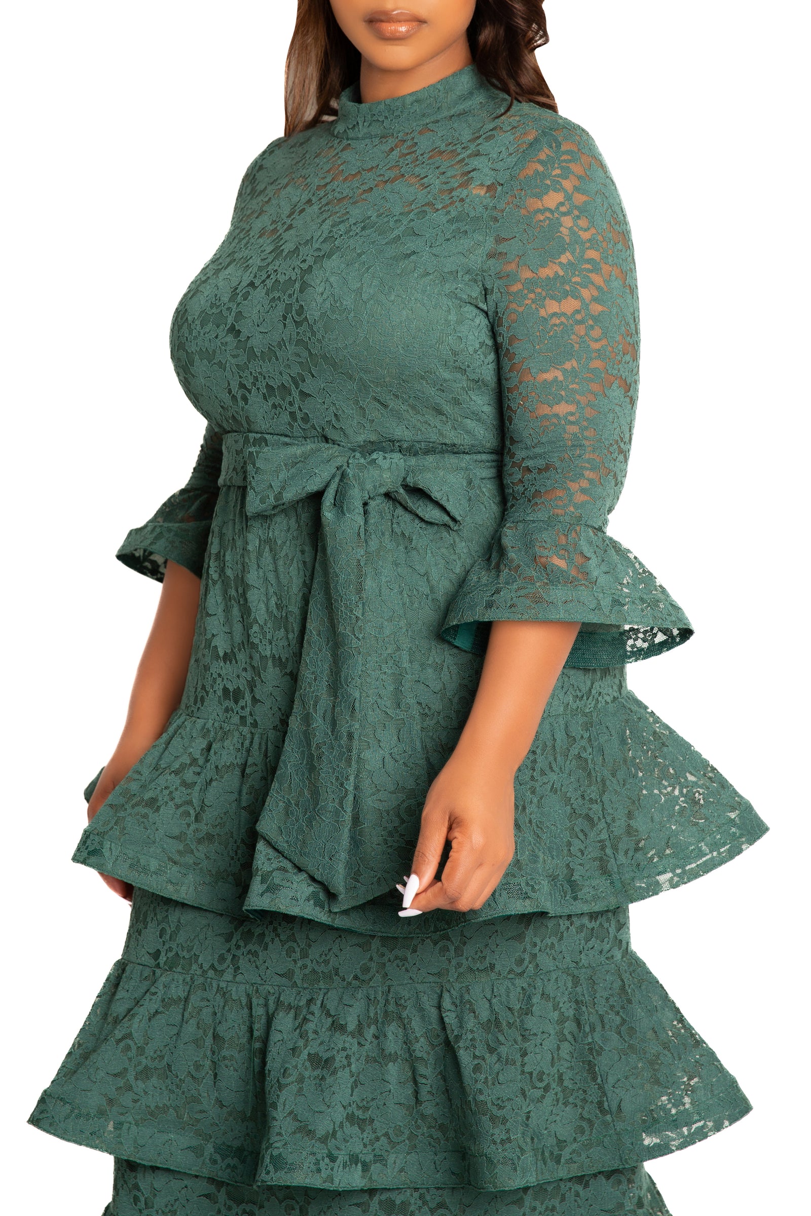 Buxom Couture Plus Size Lace Bell Sleeve Tiered Dress