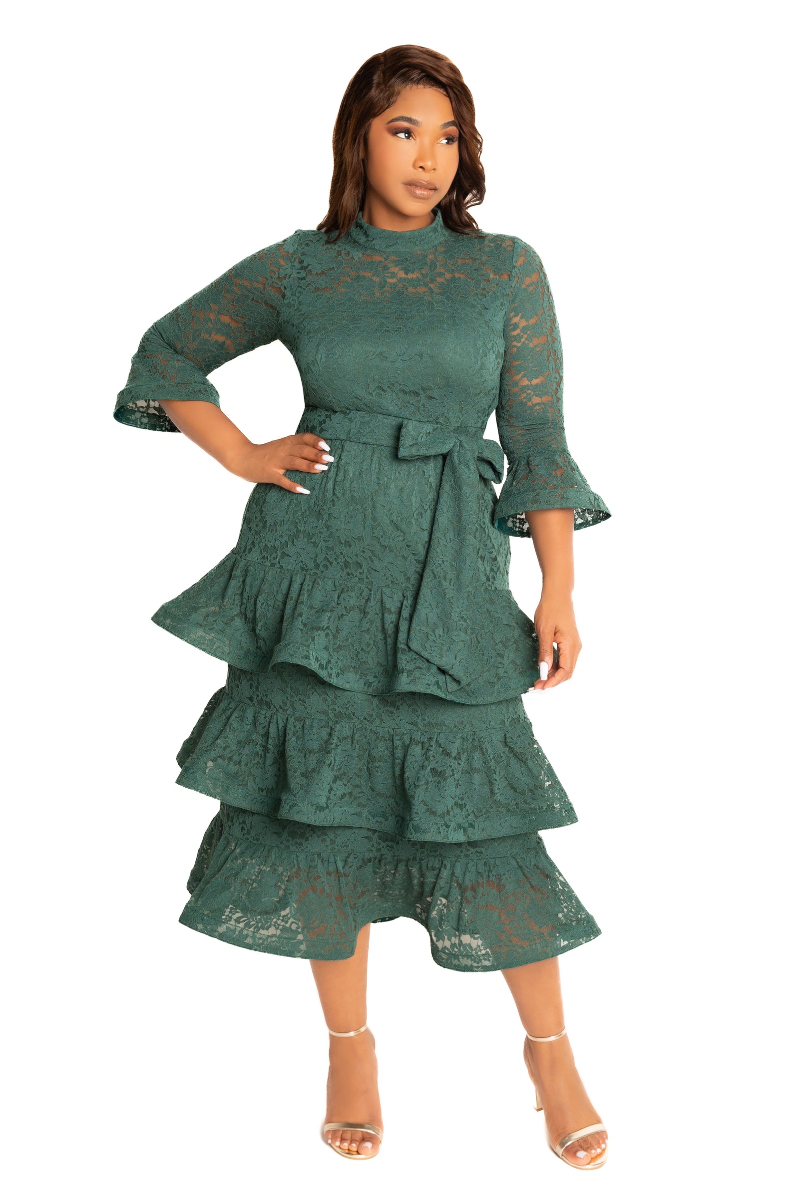 Buxom Couture Plus Size Lace Bell Sleeve Tiered Dress - Emerlad Buxom Couture Plus Size Lace Bell Sleeve Tiered Dress - Emerlad
