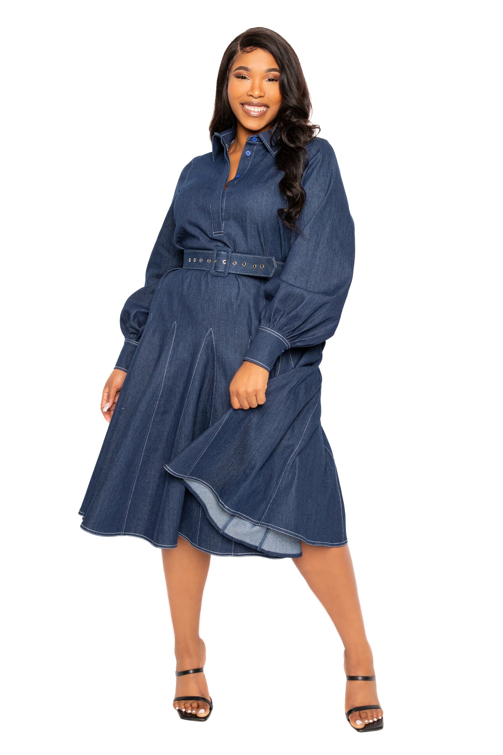 Buxom Couture Plus Size Denim Belt Shirt Dress