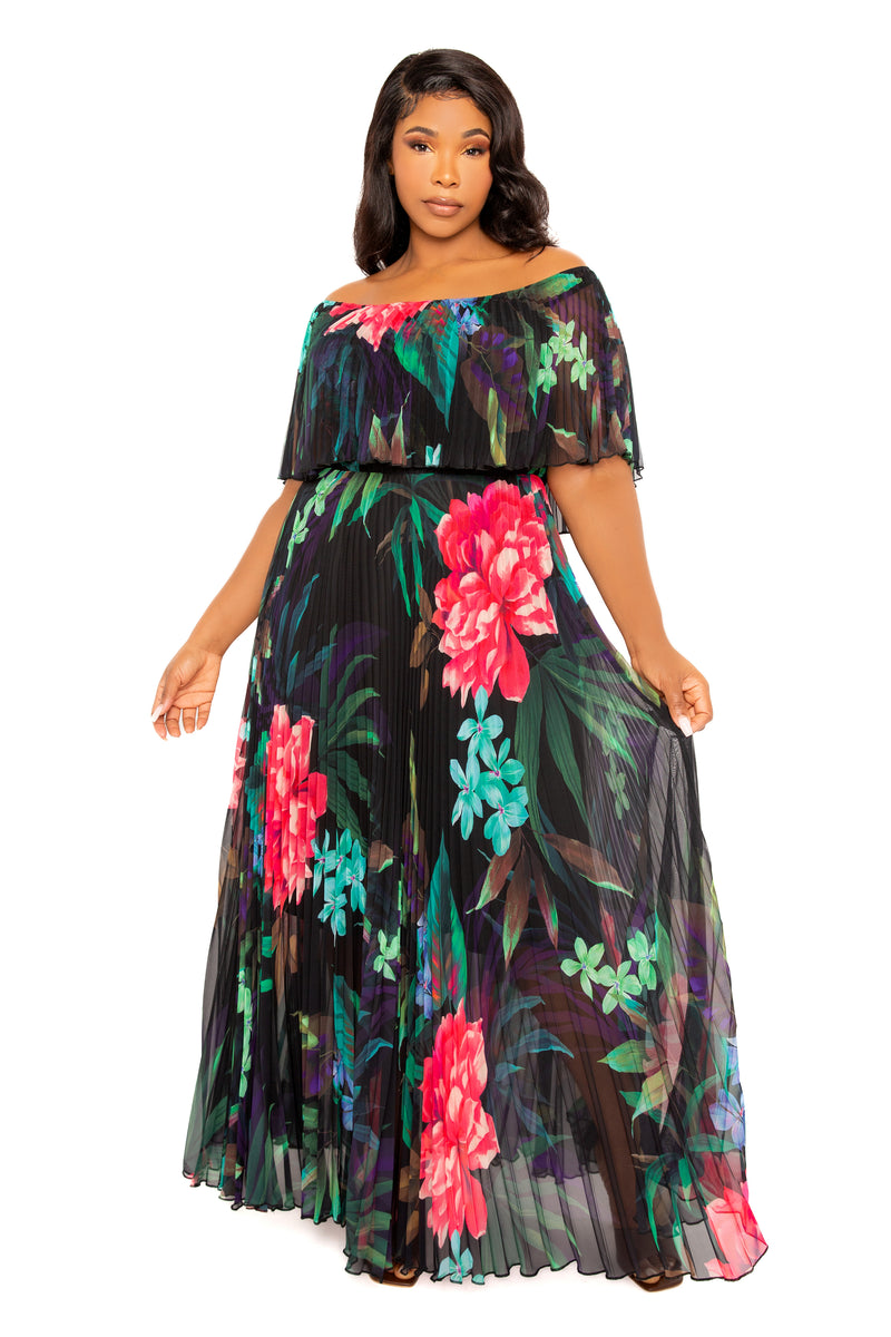 plus size floral off the shoulder dress Pleated Maxi – Buxom Couture Color:Paris Blue- Collection:Euro Summer 2 The strapless sweetheart neckline Barbie Dia de Muertos