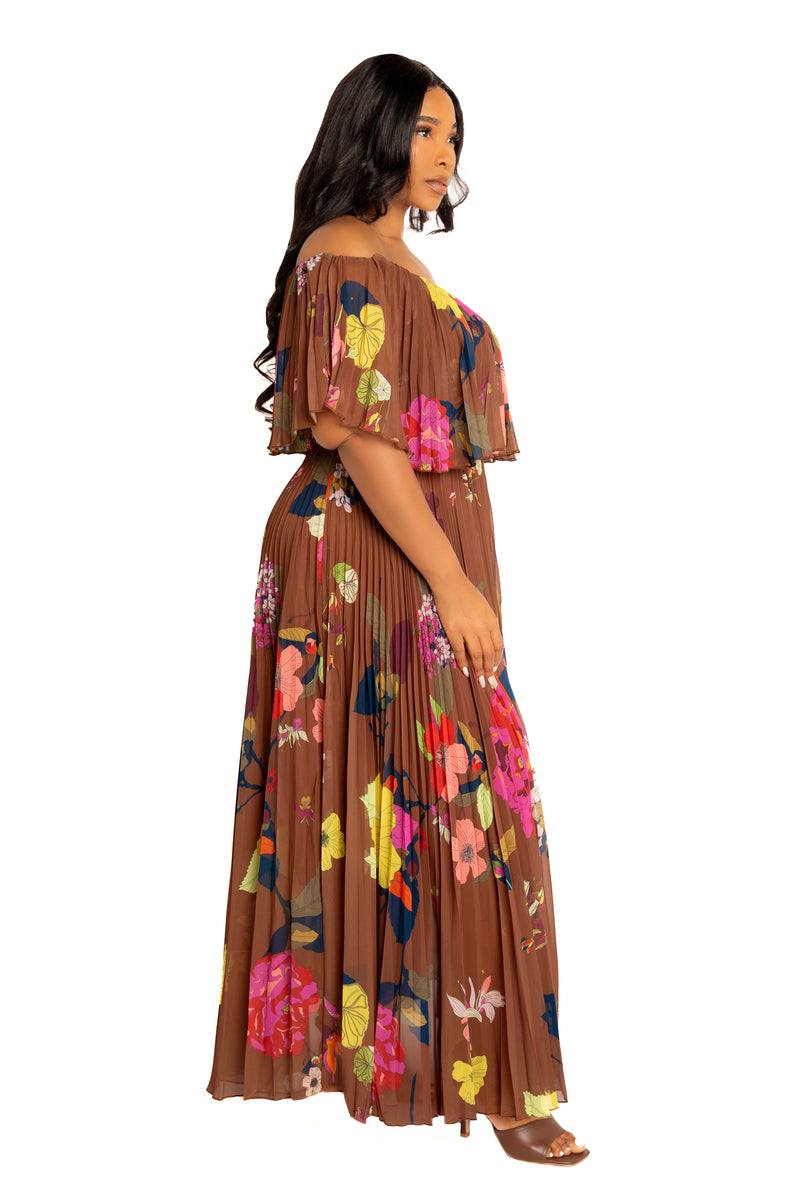 Buxom Couture Plus Size Floral Off Shoulder Pleated Maxi Dress