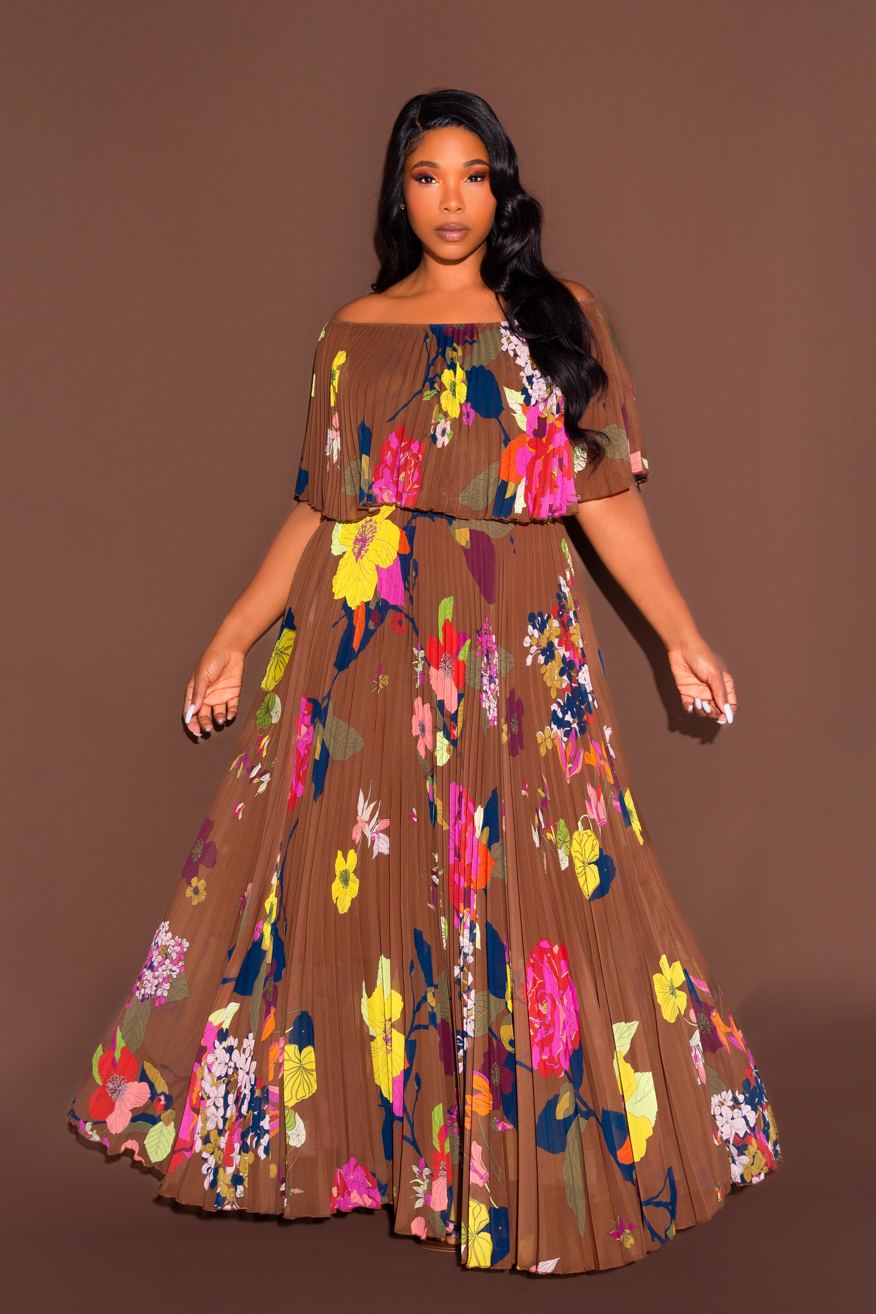fitted lace wedding dress Buxom Couture Plus Size Floral Off Shoulder Pleated Maxi Dress