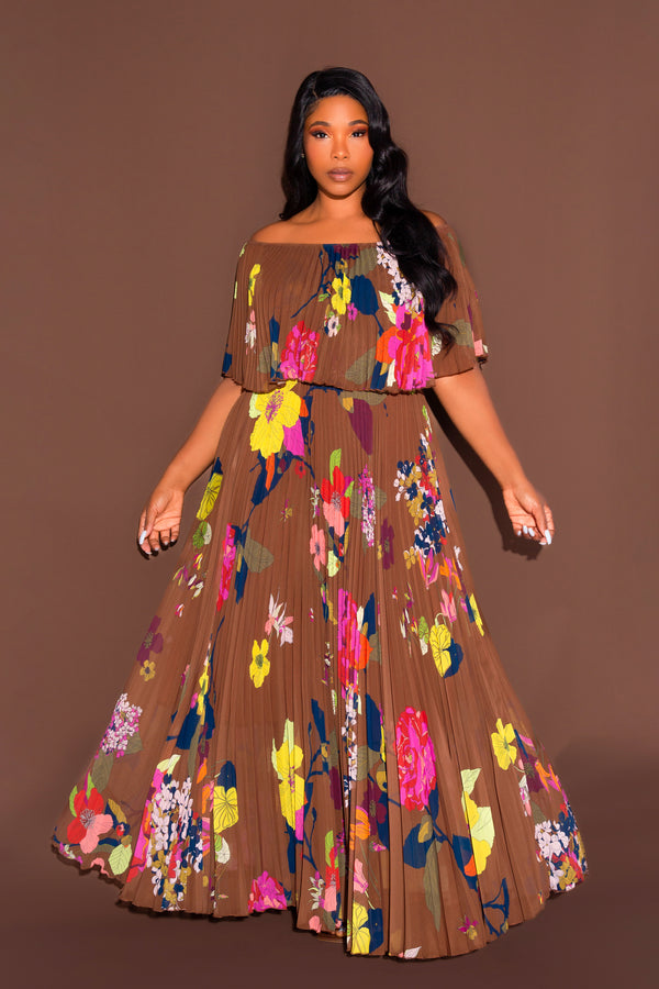 Floral Off Shoulder Pleated Maxi Dress