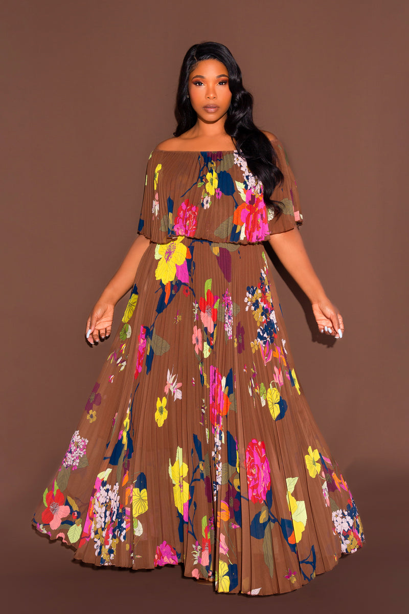 Floral Off Shoulder Pleated Maxi Dress