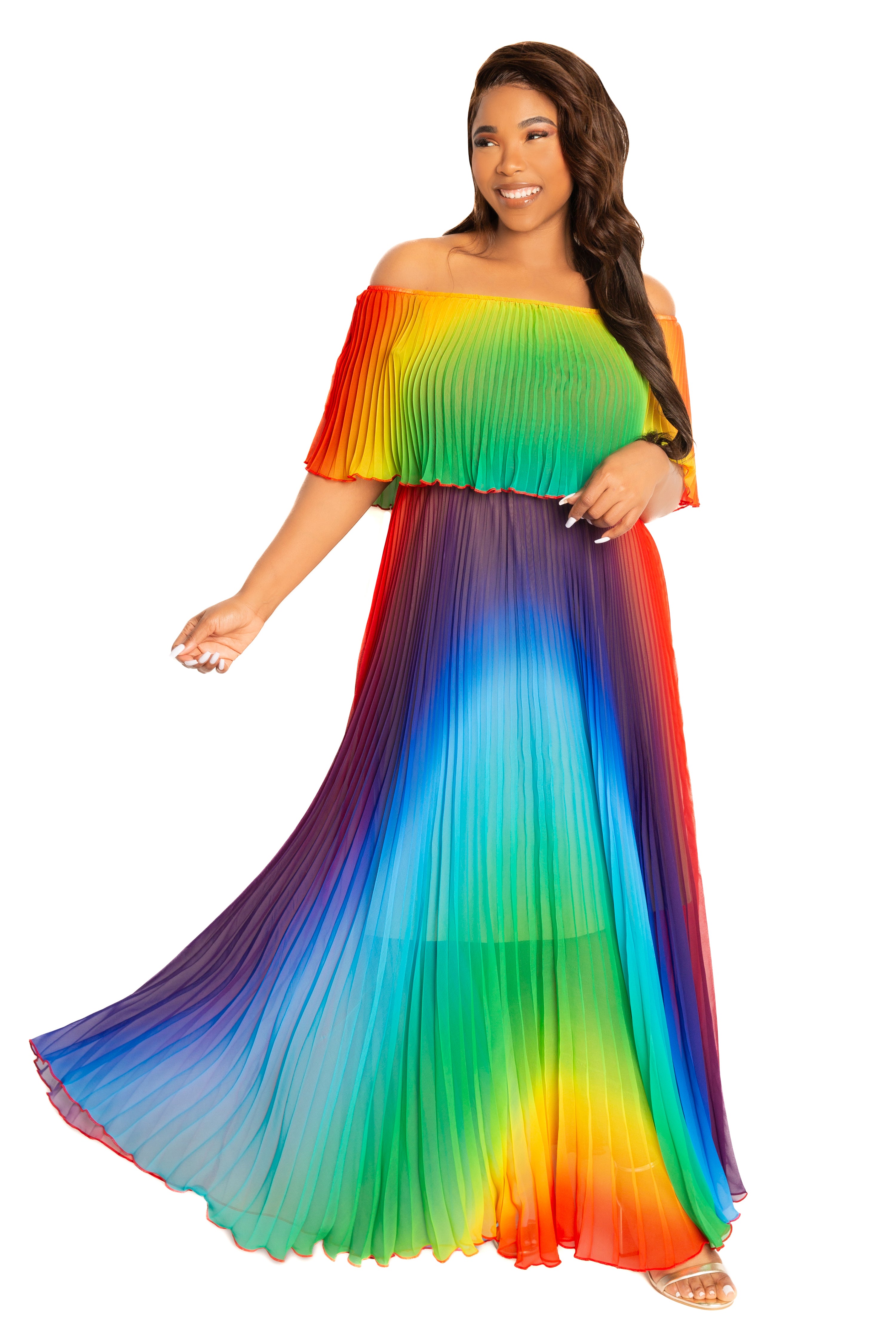 Buxom Couture Plus Size Floral Off Shoulder Pleated Maxi Dress - Multi