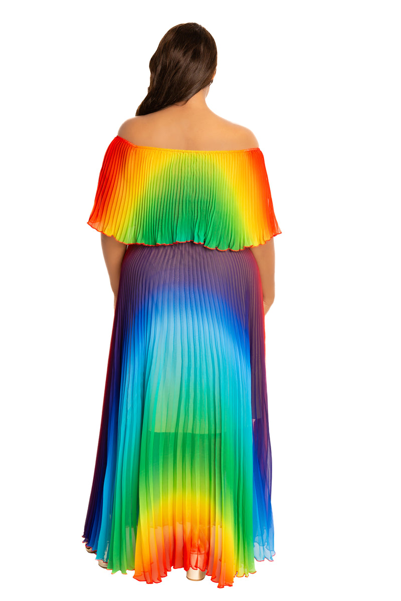 pleated off shoulder maxi dress DOLLY Luxury Fog Blue Pleated Off Shoulder Slant Collar Long Sleeve Banquet Dress-MAYA